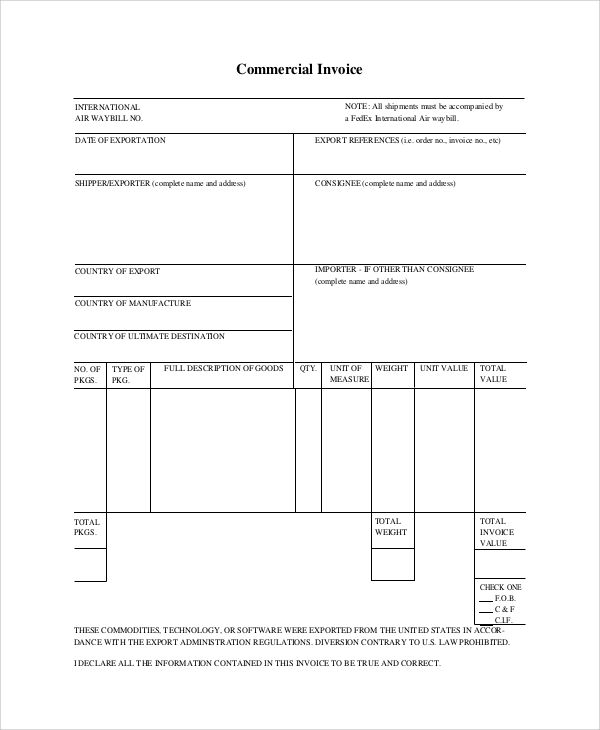 export commercial invoice template