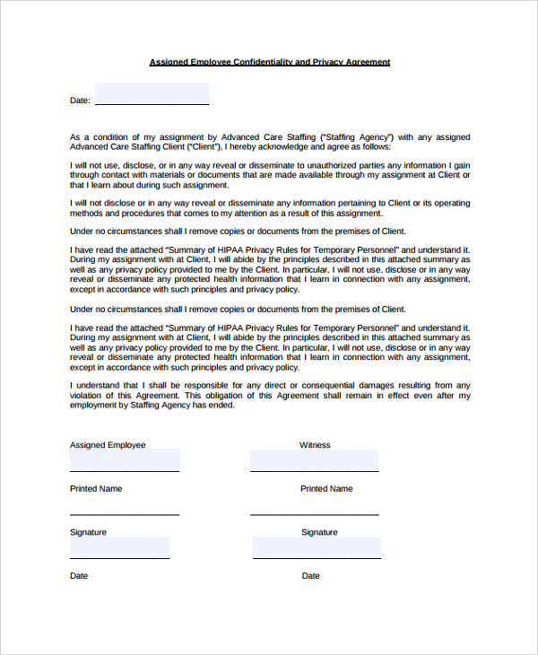 employee confidentiality privacy agreement