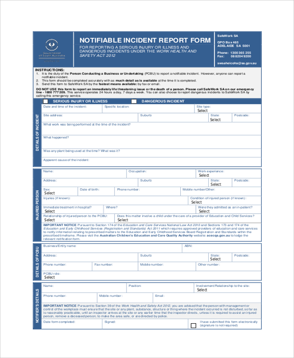notifiable incident report form