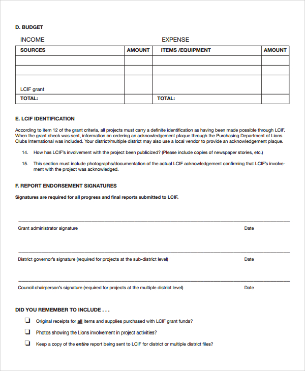 standard grant report form