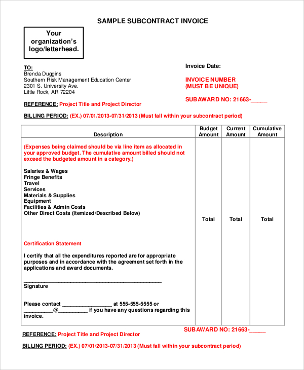 subcontractor invoice template microsoft word