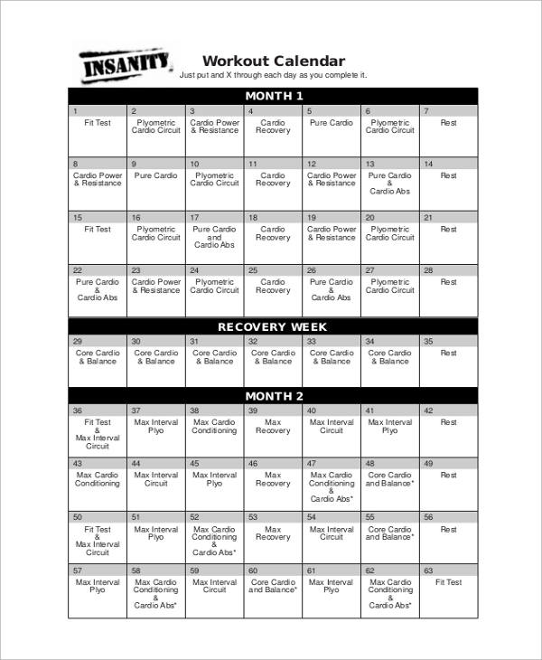 instanity workout calendar