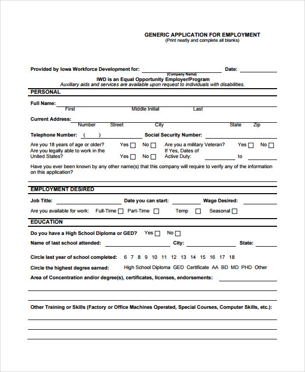 generic job application form1