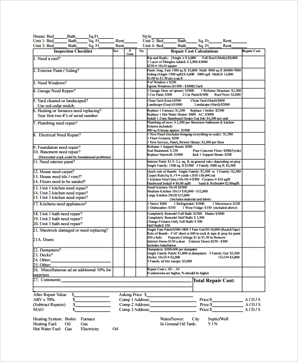 property estimate sheet template