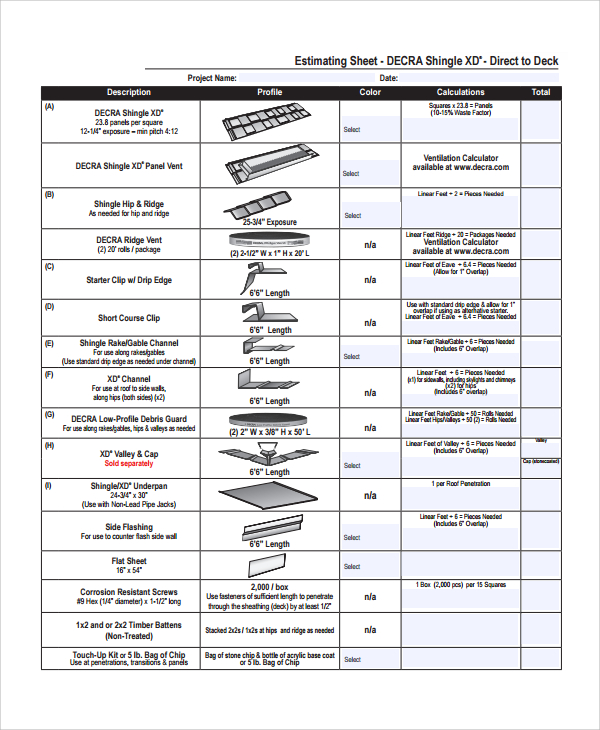 project estimate sheet template