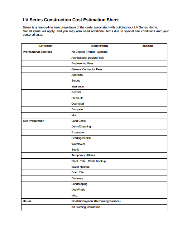 Best Templates 4 Cost Estimate Spreadsheet Template Excel 