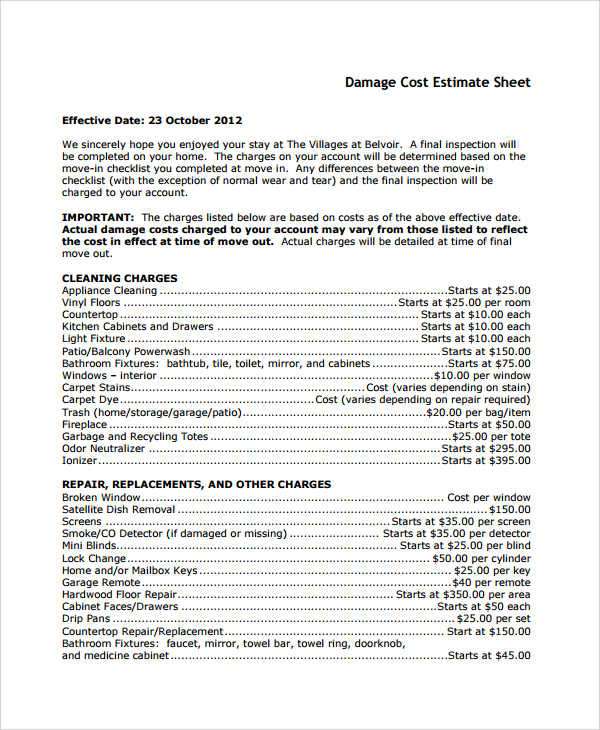 damage cost estimate sheet template