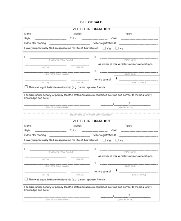 Sample Template Bill Of Sale Vehicle