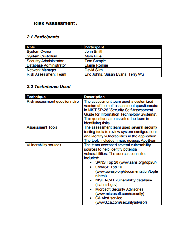 detailed risk assesment report
