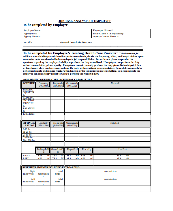 employee job task analysis template