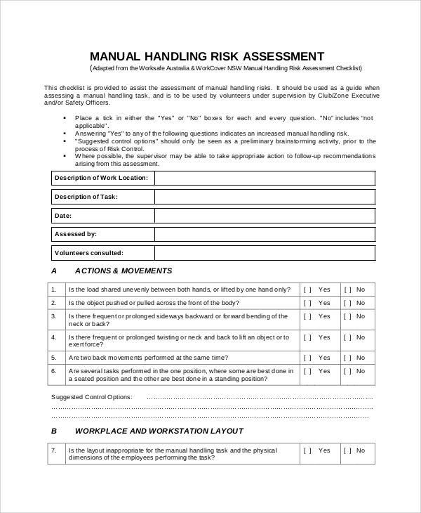 FREE 8+ Sample Manual Handling Risk Assessment Templates in MS Word PDF