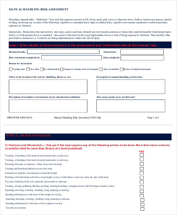 sample manual handling risk assessment