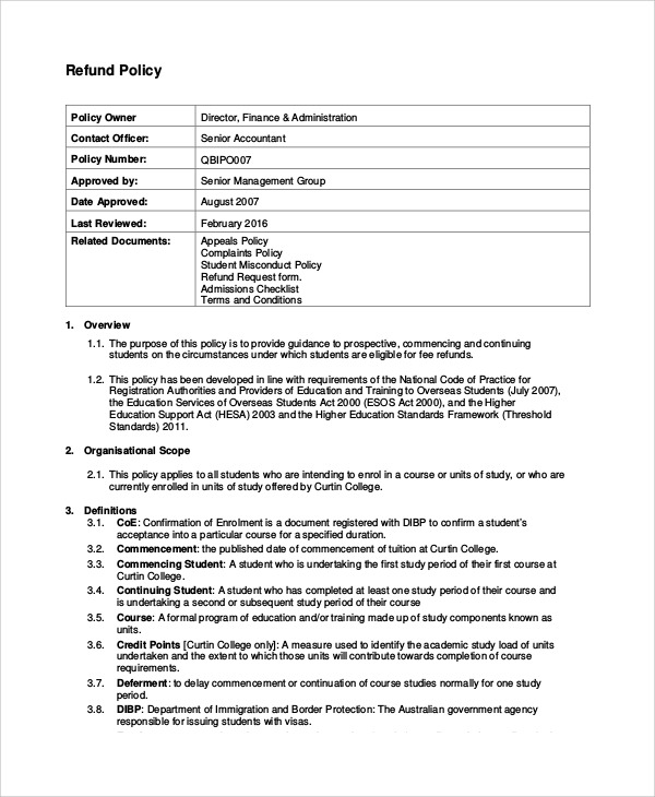 FREE 8 Sample Refund Policy Templates In MS Word PDF