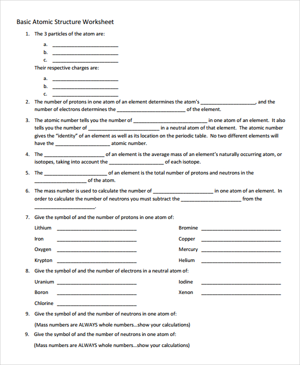 Subatomic Particles Chart Worksheet