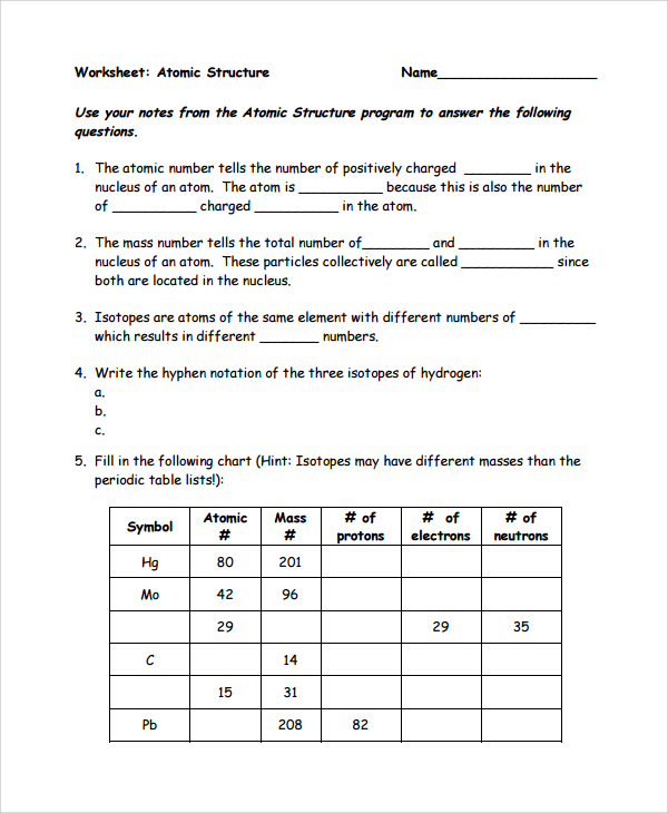 atomic structure practice worksheet answers