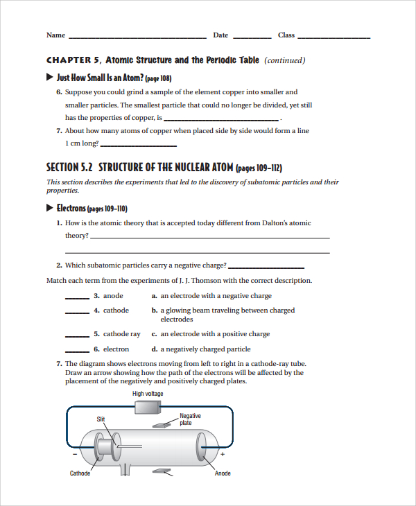 Atomic Structure Worksheet Periodic Table