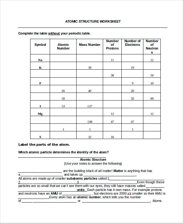 FREE 7 Sample Atomic Structure Worksheet Templates In MS Word PDF