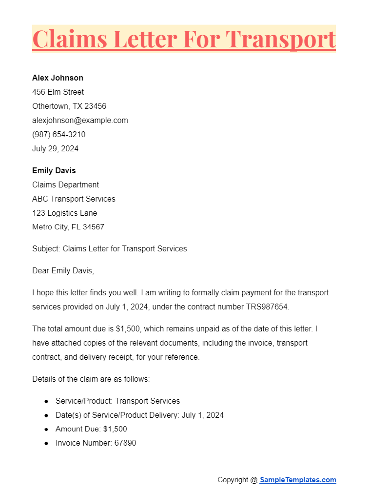 claims letter for transport