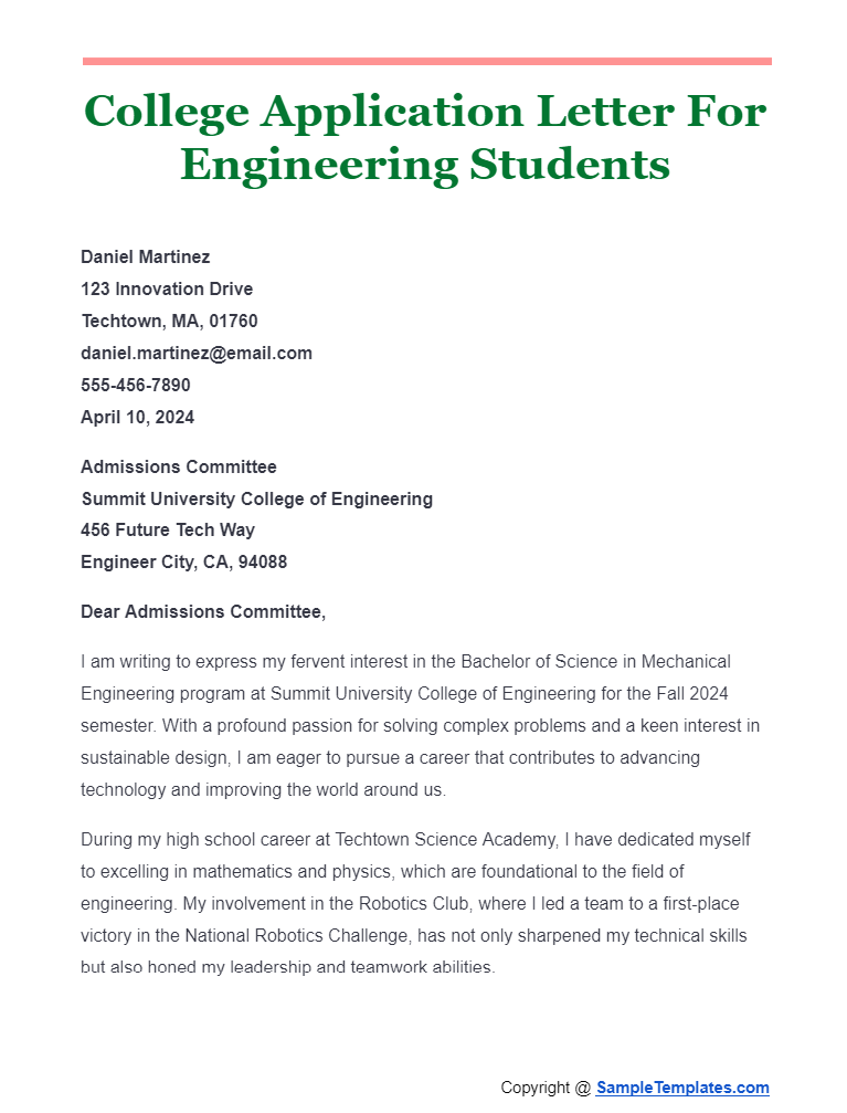 college application letter for engineering students