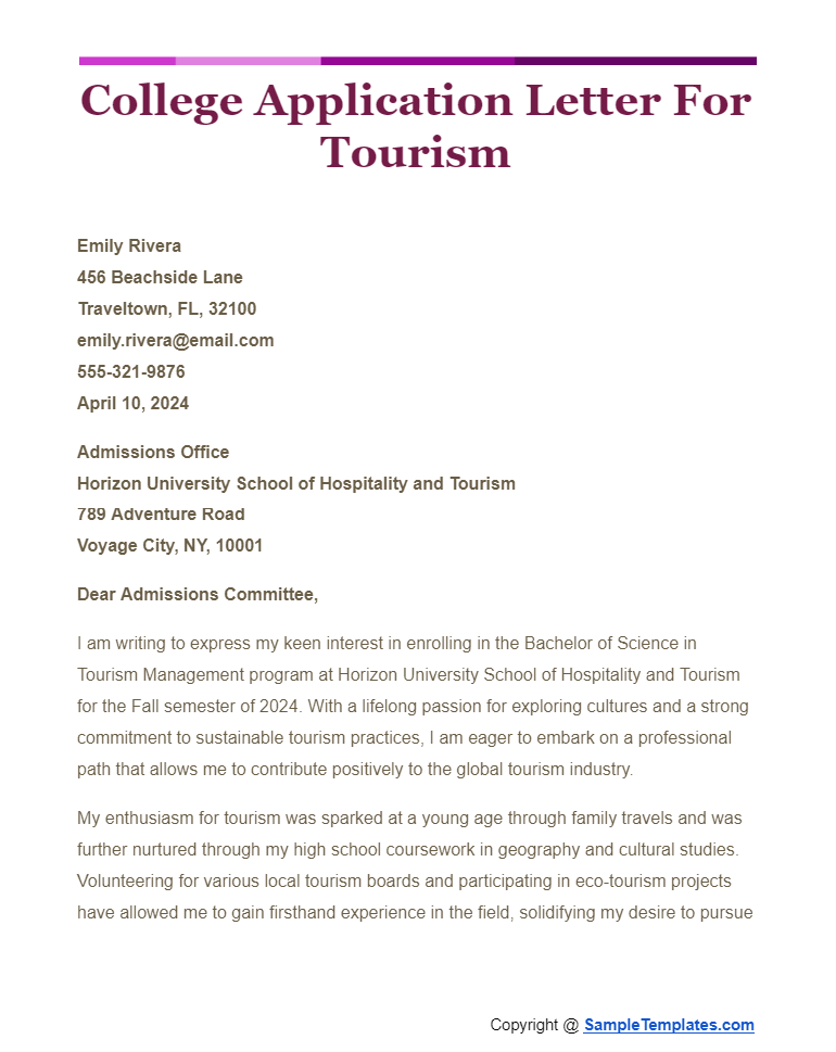college application letter for tourism
