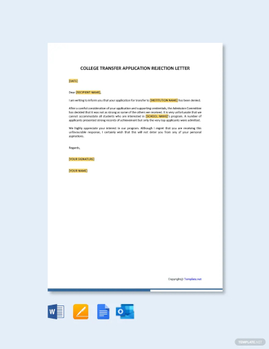 college transfer application rejection letter template