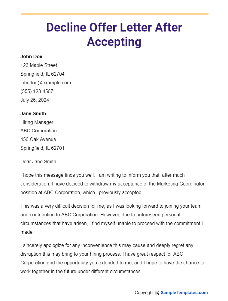 decline offer letter after accepting