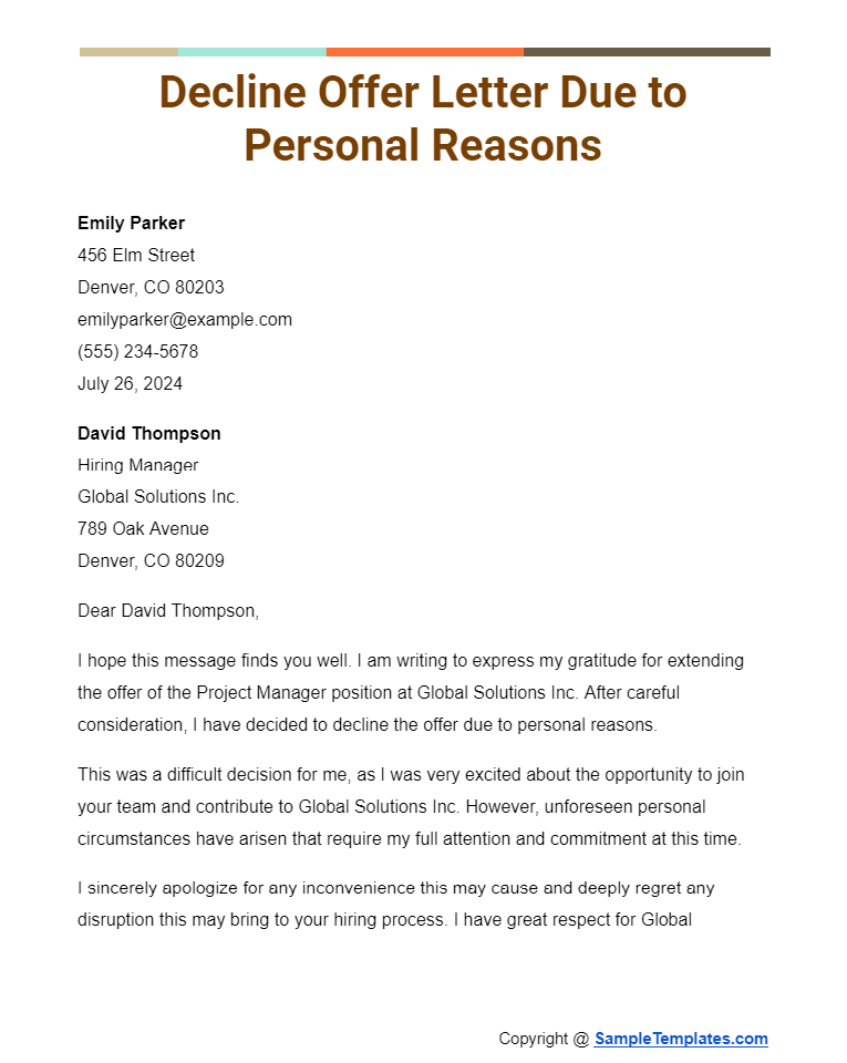 decline offer letter due to personal reasons
