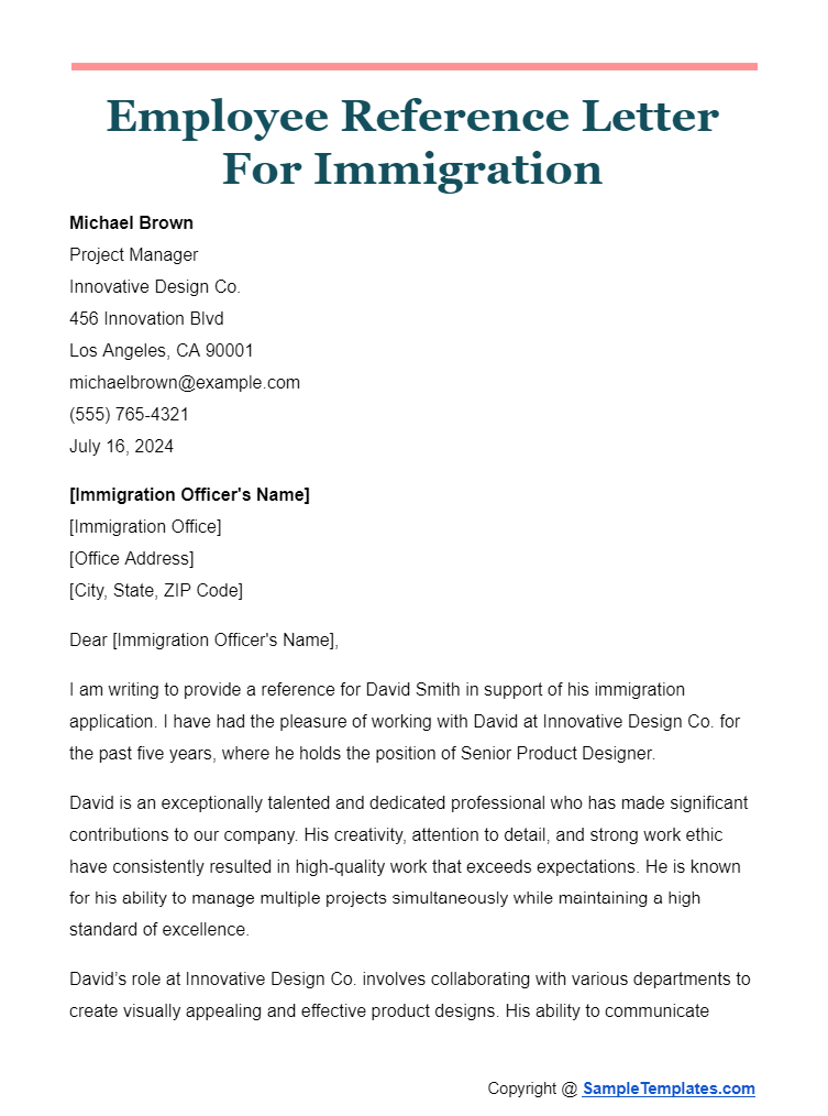 employee reference letter for immigration