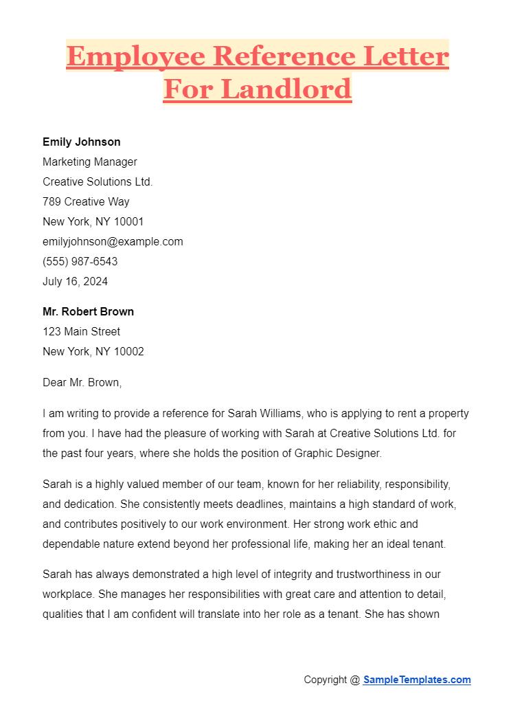 employee reference letter for landlord