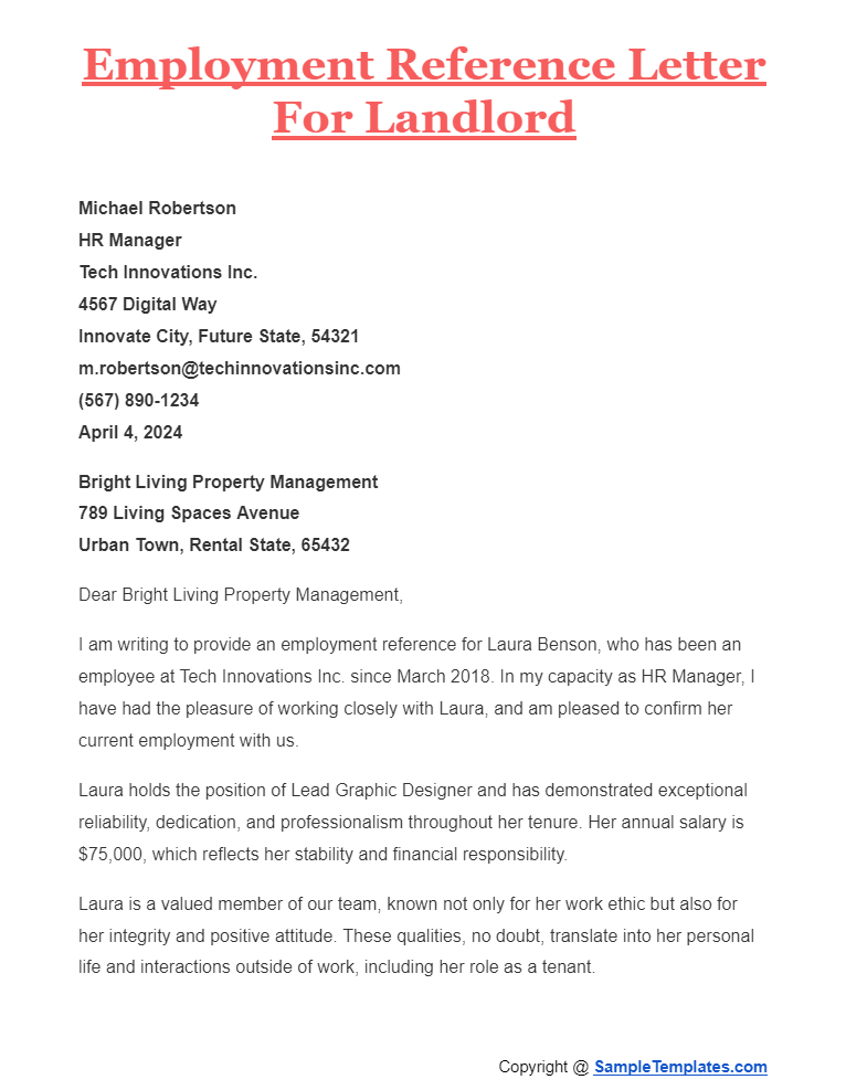 employment reference letter for landlord