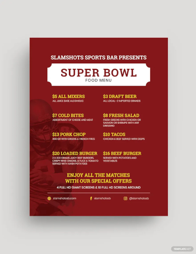 football super bowl food menu flyer template