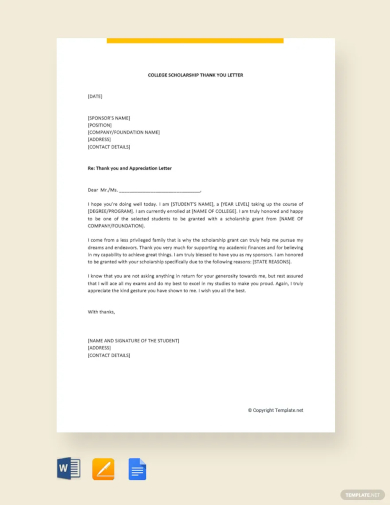 free college scholarship thank you letter template
