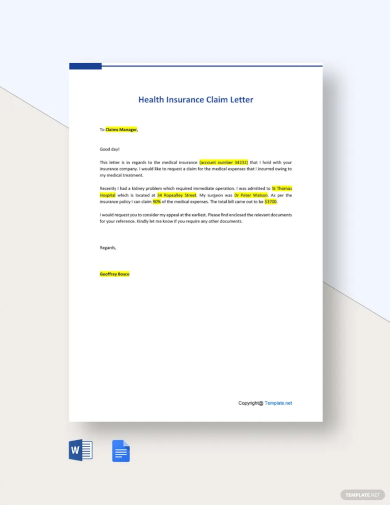 free health insurance claim letter template