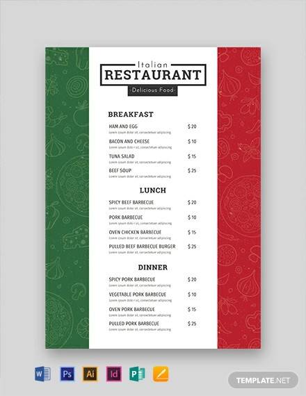 free italian menu template