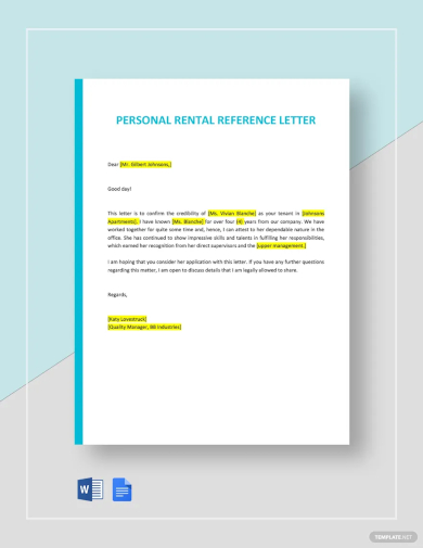 free personal rental reference letter template