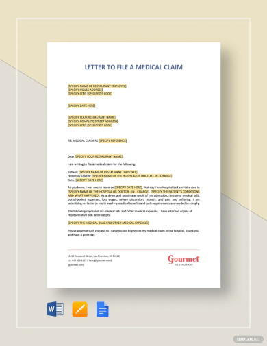 free restaurant letter to file a medical claim template