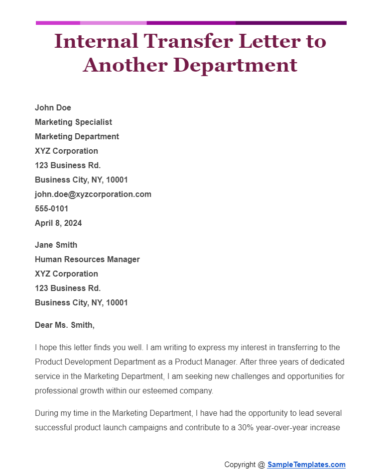 internal transfer letter to another department