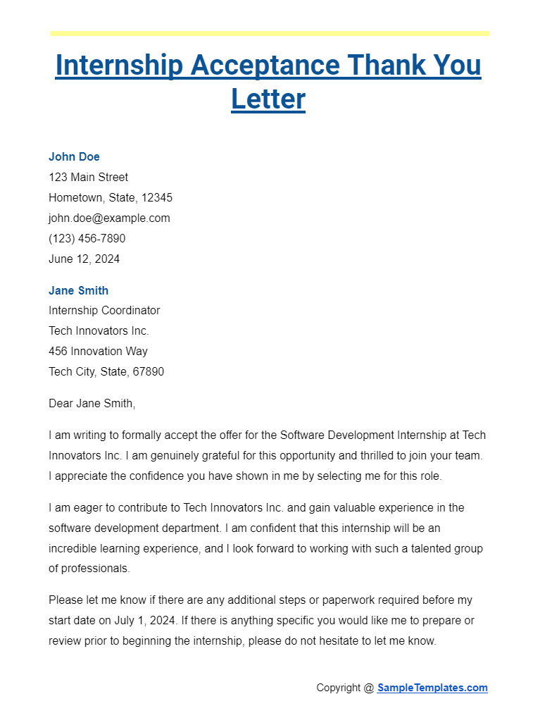 internship acceptance thank you letter