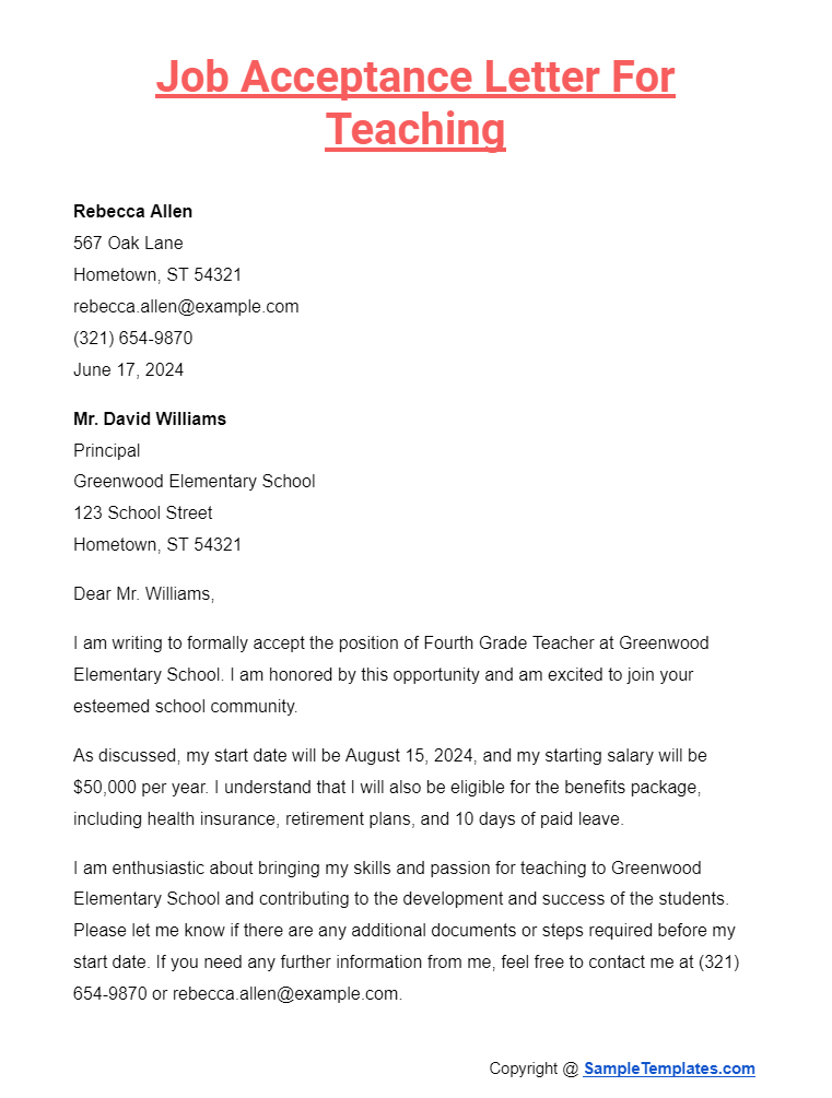 job acceptance letter for teaching