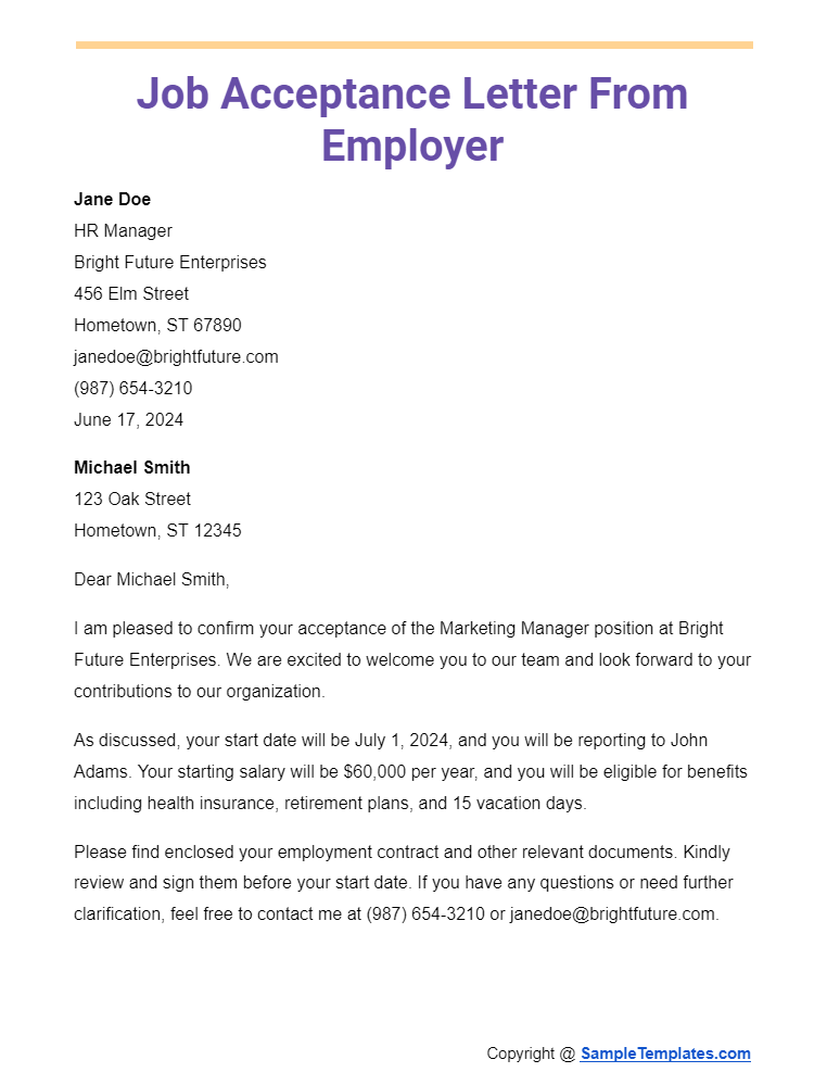 job acceptance letter from employer