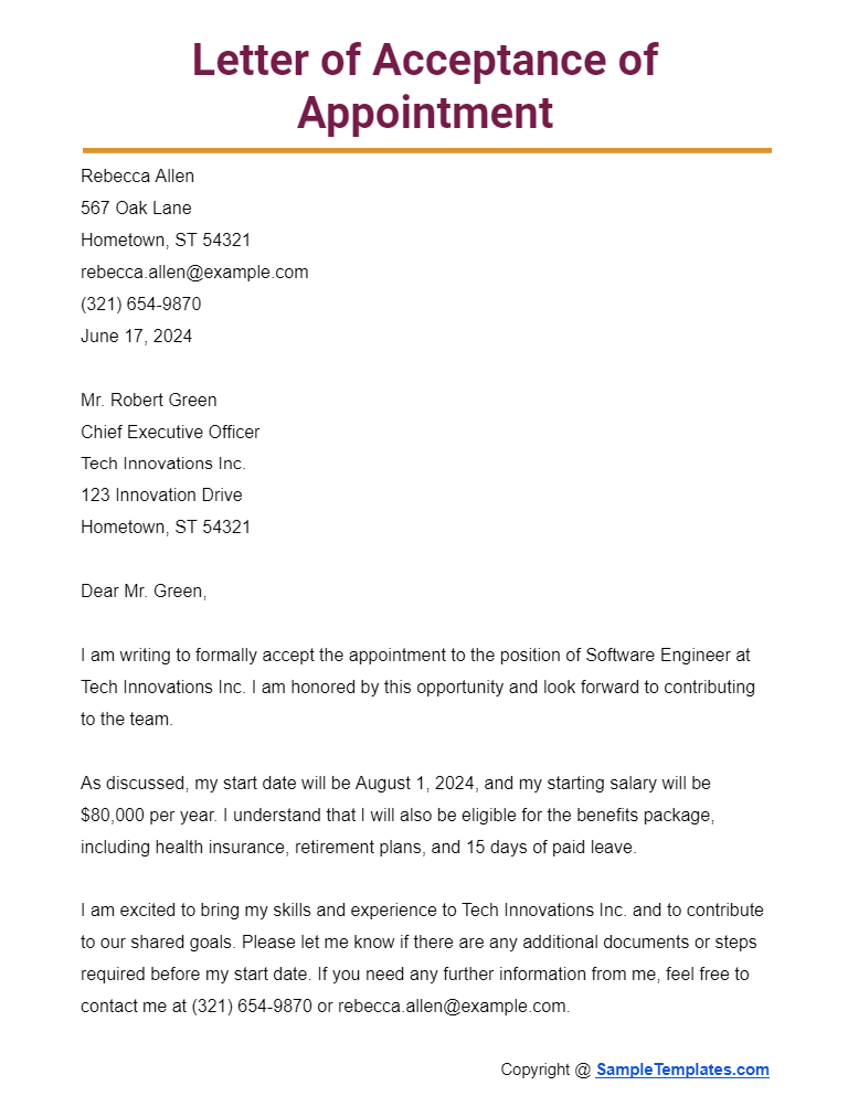 letter of acceptance of appointment
