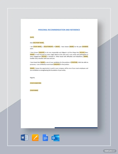 personal recommendation and reference letter template