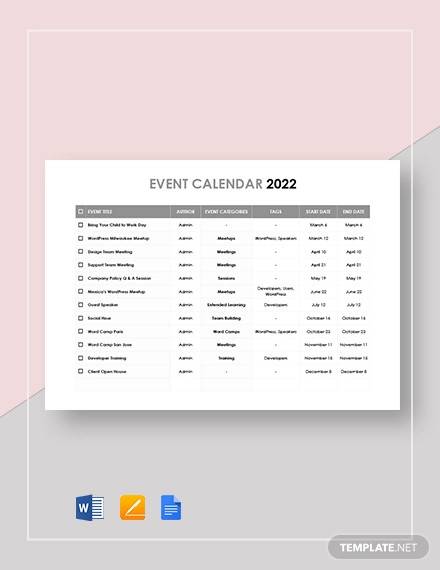 printable event calendar template