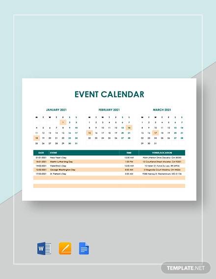 sample event calendar template