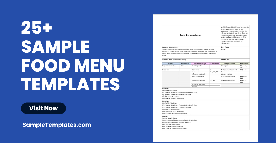 sample food menu templates