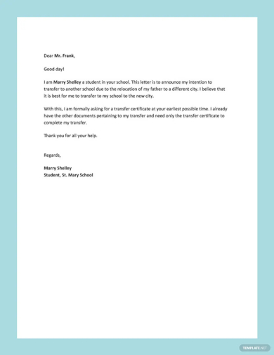 school transfer request letter template