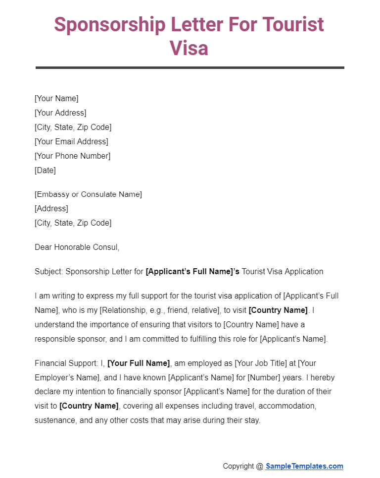 sponsorship letter for tourist visa