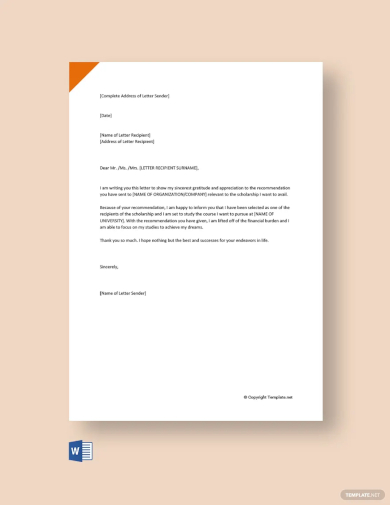 thank you letter for recommendation letter for scholarship template