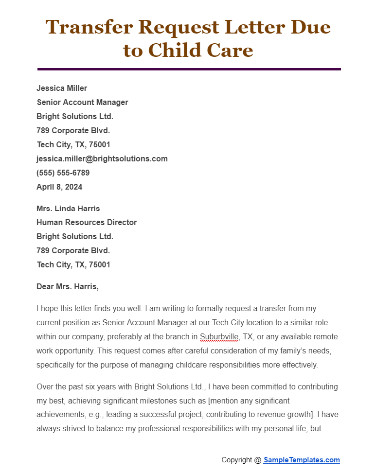 transfer request letter due to child care