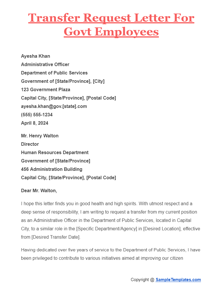 transfer request letter for govt employees